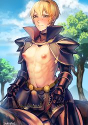 Rule 34 | 1boy, abs, anal, armor, blonde hair, blush, bulge, erection, erection under clothes, fire emblem, fire emblem fates, horse, ibara nashio, leo (fire emblem), male focus, male penetrated, muscular, nature, nintendo, nipples, outdoors, pegging, sky, solo, sweat, tagme, testicles, tree