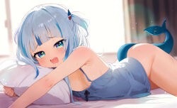1girl :d analog_kenshi_(moto) areola_slip ass bed_sheet blue_camisole blue_eyes blue_hair blurry blurry_background bottomless breasts camisole curtains depth_of_field fins fish_tail gawr_gura grey_hair hair_ornament highres hololive hololive_english hugging_object long_hair looking_at_viewer lying multicolored_hair on_stomach one_side_up open_mouth pillow pillow_hug shark_girl shark_hair_ornament shark_tail sharp_teeth small_breasts smile solo streaked_hair sunlight sweat tail teeth virtual_youtuber window