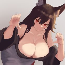 Rule 34 | 1girl, absurdres, animal ear fluff, animal ears, bare shoulders, breasts, brown hair, cleavage, closed mouth, collarbone, commentary request, dress, gradient background, grey background, hair between eyes, highres, imaizumi kagerou, large breasts, long hair, long sleeves, looking at viewer, moriforest1040, off-shoulder dress, off shoulder, red eyes, simple background, smile, solo, touhou, upper body, white dress, wide sleeves, wolf ears, wolf girl