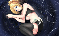 Rule 34 | 1girl, ayase eli, baozha gangbi, black shorts, black thighhighs, blonde hair, blue eyes, breasts, character name, crop top, hands up, heart, highres, large breasts, legs together, long hair, looking at viewer, love live!, love live! school idol project, lying, on side, open mouth, own hands together, ponytail, ripples, shorts, sidelocks, smile, solo, thighhighs, thighs, underboob