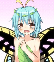 Rule 34 | 1girl, antennae, aqua hair, blush, butterfly wings, collarbone, crying, crying with eyes open, eternity larva, fairy, gradient background, hair between eyes, highres, hikuchi riku, insect wings, leaf, leaf on head, looking at viewer, nude, open mouth, orange eyes, polka dot, polka dot background, short hair, solo, tears, touhou, upper body, wings
