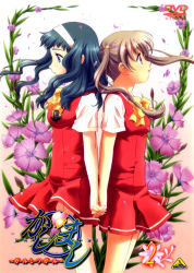 Rule 34 | 00s, 2girls, back-to-back, blue eyes, blue hair, bow, braid, clothes lift, copyright name, cover, dress, dress lift, dvd cover, floating hair, flower, gradient background, holding hands, iwasa tomoko, kamiizumi yasuna, kashimashi, kurusu tomari, leaf, long hair, looking away, multiple girls, official art, open mouth, petals, pleated skirt, profile, purple eyes, scan, scrunchie, short sleeves, silver hair, skirt, standing, twin braids, twintails, wind, wind lift