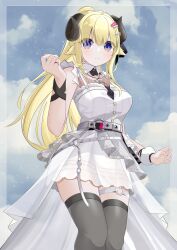 Rule 34 | 1girl, absurdres, animal ears, belt, blonde hair, collar, dress, hair ornament, hairpin, highres, hololive, horns, kanadeho, looking at viewer, o-ring, o-ring thigh strap, official alternate costume, ponytail, purple eyes, sheep ears, sheep girl, sheep horns, smile, solo, thigh strap, thighhighs, thighs, tsunomaki watame, tsunomaki watame (watame night fever!!), virtual youtuber, white belt, white collar, white dress