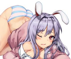 Rule 34 | 1girl, ;o, amagi (amagi626), animal ears, ass, back, blush, breasts, breath, buttons, cleavage, collarbone, collared shirt, commentary request, dimples of venus, eyelashes, large breasts, light purple hair, lips, long hair, long sleeves, looking at viewer, lying, on ground, one eye closed, open mouth, panties, pink sweater, rabbit ears, red eyes, reisen udongein inaba, school uniform, shirt, sidelocks, skirt, solo, striped clothes, striped panties, sweatdrop, sweater, thighs, top-down bottom-up, touhou, underwear, uniform, unworn skirt, wing collar