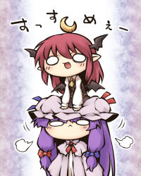 Rule 34 | &gt;:d, 2girls, :&lt;, :d, bat wings, blush, chibi, chibi on head, crescent, crescent moon, demon wings, dress shirt, fang, hat, head wings, koakuma, long hair, looking at viewer, low wings, mob cap, moon, multiple girls, nekoguruma, o o, on head, open mouth, patchouli knowledge, person on head, pointy ears, purple hair, red hair, shirt, smile, touhou, translation request, v-shaped eyebrows, vest, wide face, wide oval eyes, wings