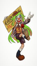 Rule 34 | 1girl, :d, arthur fleck (cosplay), batman (series), black eyes, boots, brown footwear, brown vest, clown, cosplay, facepaint, gloves, green hair, hat, highres, holding, holding sign, jacket, joker (2019), long hair, looking at viewer, mossacannibalis, multicolored hair, necktie, netflix, open clothes, open jacket, open mouth, orange hair, purple shorts, red necktie, reggie abbott, shorts, sign, simple background, smile, solo, standing, standing on one leg, teeth, the joker, twelve forever, two-tone hair, upper teeth only, very long hair, vest, white background, white gloves