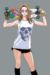 Rule 34 | 1girl, arms up, black shorts, black socks, blonde hair, cropped legs, glasses, grey background, highres, holding, holding skateboard, kneehighs, looking at viewer, medium hair, mo5ccig6qwxh66w, original, parted lips, shirt, short shorts, shorts, simple background, skateboard, skull print, sleeveless, sleeveless shirt, socks, solo, standing, white shirt