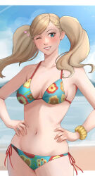 Rule 34 | 1girl, ;d, absurdres, beach, bikini, blonde hair, blue eyes, blue sky, breasts, cloud, collarbone, commentary, cowboy shot, day, eyelashes, floral print, glint, grin, hair ornament, hairclip, hands on own hips, heart, highres, ikhwan maulana, lips, long hair, looking at viewer, medium breasts, multicolored bikini, multicolored clothes, navel, one eye closed, open mouth, outdoors, persona, persona 5, print bikini, scrunchie, side-tie bikini bottom, sky, smile, solo, stomach, swimsuit, symbol-only commentary, takamaki anne, tsurime, twintails, wrist scrunchie