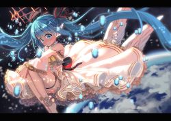 Rule 34 | 1girl, bad id, bad pixiv id, blue eyes, blue hair, blurry, bow, depth of field, detached sleeves, earth (planet), hair bow, hair ribbon, hatsune miku, hugging own legs, kinokoko-kino, letterboxed, long hair, looking at viewer, matching hair/eyes, planet, ribbon, smile, solo, twintails, very long hair, vocaloid