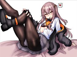 Rule 34 | 1girl, absurdres, bed sheet, black bra, black footwear, black gloves, black jacket, black pantyhose, black skirt, boots, bra, breasts, brown hair, commentary, english commentary, fingerless gloves, foot out of frame, girls&#039; frontline, gloves, heart, highres, jacket, long hair, mouth hold, off shoulder, one side up, open clothes, open shirt, panties, panties under pantyhose, panty peek, pantyhose, peroronti, ribbon, ribbon in mouth, scar, scar across eye, shirt, simple background, skirt, small breasts, smile, solo, speech bubble, ump45 (girls&#039; frontline), underwear, white shirt, yellow eyes