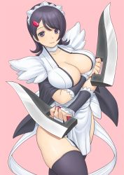 Rule 34 | 1girl, black eyes, black hair, blade, breast hold, breasts, choker, cleavage, cowboy shot, flipped hair, hair ornament, hairclip, highres, holding, holding weapon, iroha (samurai spirits), japanese clothes, large breasts, maid, maid headdress, pink background, samurai spirits, shigenobu, short hair, simple background, smile, solo, thighhighs, weapon
