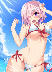 Rule 34 | 1girl, :d, bare arms, bare shoulders, blush, bow, bra, breasts, cleavage, commentary request, day, fate/grand order, fate (series), from below, hair over one eye, highres, in water, large breasts, light purple hair, looking at viewer, mash kyrielight, mash kyrielight (swimsuit of perpetual summer), navel, nishimura pn, official alternate costume, one eye closed, open mouth, pink hair, purple eyes, red bow, red bra, short hair, sky, smile, solo, underwear, wading, water, white bra
