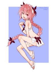 Rule 34 | 1boy, astolfo (fate), bikini, bikini skirt, blue background, braid, copyright name, fang, fate/apocrypha, fate/grand order, fate (series), frilled bikini, frills, from side, front-tie bikini top, front-tie top, full body, hair intakes, hair ribbon, halterneck, long hair, male focus, official alternate costume, open mouth, outside border, pink hair, purple eyes, ribbon, sandals, simple background, single braid, smile, solo, swimsuit, trap, two piece, very long hair, white bikini