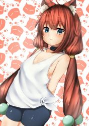 Rule 34 | 1girl, animal ear fluff, animal ears, arms behind back, bike shorts, blue eyes, brown hair, cat ears, choker, highres, hinata channel, long hair, low twintails, nekomiya hinata, shorts, solo, teii (teii0205), twintails, vest, virtual youtuber, white vest