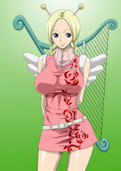 Rule 34 | 1girl, angel wings, antennae, arms behind back, belt, blonde hair, blue eyes, braid, breasts, conis (one piece), dress, female focus, harp, highres, instrument, large breasts, legs, long hair, looking at viewer, nel-zel formula, one piece, open mouth, simple background, smile, solo, standing, thighs, twin braids, wings, zipper