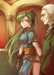 Rule 34 | 1boy, 1girl, blue dress, brown gloves, cloak, dress, earrings, fingerless gloves, fire emblem, fire emblem: the blazing blade, fire emblem heroes, gloves, grandfather and granddaughter, grass, green cloak, green eyes, green hair, hair tie, hausen (fire emblem), high ponytail, highres, jewelry, jin (phoenixpear), long hair, looking at another, lyn (fire emblem), nintendo, old, old man, open mouth, pelvic curtain, pillar, ponytail, side slit, smile, thighs, walking, white hair
