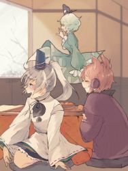 Rule 34 | 3girls, bad id, bad twitter id, blonde hair, closed eyes, commentary request, cushion, dress, earmuffs, ghost tail, green dress, green hair, grey hair, hat, highres, indoors, juliet sleeves, kotatsu, long hair, long sleeves, looking to the side, mononobe no futo, multiple girls, open mouth, pointy hair, ponytail, puffy sleeves, short hair, soga no tojiko, table, tate eboshi, touhou, towako (10wk0), toyosatomimi no miko, wide sleeves, zabuton