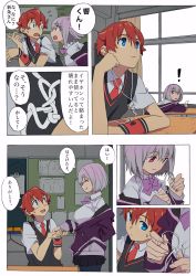 Rule 34 | !, 10s, 1boy, 1girl, arai hiroki, black pantyhose, black skirt, blue eyes, blush, bow, bowtie, bulletin board, cellphone, classroom, closed eyes, collared shirt, comic, commentary request, couple, earphones, gridman universe, hand on own face, hetero, hibiki yuuta, highres, holding, holding phone, hood, hooded jacket, jacket, long sleeves, looking at another, miniskirt, necktie, open clothes, open jacket, outstretched hand, pantyhose, partially translated, phone, pink bow, pink hair, pink neckwear, pleated skirt, purple jacket, red eyes, red hair, red neckwear, school uniform, shinjou akane, shirt, short hair, short sleeves, sitting, skirt, speech bubble, ssss.gridman, sweatdrop, table, translation request, waistcoat, white shirt, window, wing collar