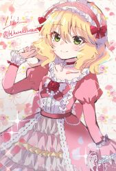 Rule 34 | 1girl, blonde hair, blush, bow, choker, collarbone, commentary, dress, flat chest, floral background, floral print, flower, frilled dress, frilled hairband, frilled sleeves, frills, green eyes, h karakurenai, hair between eyes, hair bow, hairband, hand up, highres, idolmaster, idolmaster cinderella girls, juliet sleeves, long sleeves, looking at viewer, medium hair, petals, pink background, pink bow, pink dress, pink hairband, puffy sleeves, red bow, red choker, red flower, red rose, rose, rose print, sakurai momoka, sidelocks, signature, smile, solo, sparkle, twitter username, wavy hair