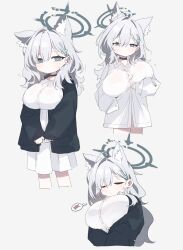 Rule 34 | 1girl, animal ear fluff, animal ears, black jacket, blue archive, blue eyes, blush, buttons, closed eyes, closed mouth, collared shirt, cross hair ornament, extra ears, grey background, grey hair, hair ornament, highres, jacket, long hair, long sleeves, multiple views, open clothes, open jacket, parted lips, retri, shiroko (blue archive), shiroko terror (blue archive), shirt, simple background, white shirt, wolf ears
