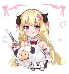 Rule 34 | 1girl, :q, animal, animal ears, bare shoulders, blonde hair, blush, cheli (kso1564), closed mouth, commentary request, curled horns, dress, hair ornament, hairclip, highres, holding, holding animal, hololive, horns, long hair, purple eyes, scissors, sheep ears, sheep girl, sheep horns, simple background, sleeveless, sleeveless dress, smile, solo, tongue, tongue out, tsunomaki watame, tsunomaki watame (1st costume), upper body, very long hair, virtual youtuber, white background, white dress
