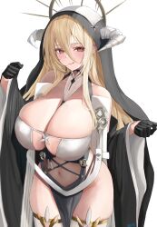 Rule 34 | 1girl, asurada yui, azur lane, bare shoulders, black dress, black gloves, blush, breasts, brown eyes, cleavage, collarbone, commentary request, covered navel, dress, gloves, highres, horns, implacable (azur lane), large breasts, licking lips, light brown hair, long hair, looking at viewer, navel, nun, open mouth, pelvic curtain, sidelocks, smile, solo, thighhighs, thighs, tongue, tongue out, very long hair, white thighhighs, wide sleeves