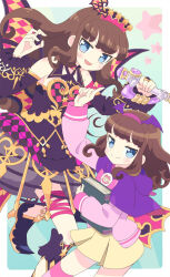 Rule 34 | 2girls, :d, arm up, black footwear, blue eyes, book, brown dress, brown hair, capelet, cardigan, closed mouth, commentary request, detached sleeves, dress, dual persona, fake wings, fang, gold trim, hairband, hands up, high heels, highres, holding, holding book, holding microphone, idol clothes, idol time pripara, index finger raised, ku (residual666), kurosu aroma, long hair, long sleeves, looking at viewer, microphone, multiple girls, open mouth, paprika private academy school uniform, pink cardigan, pink hairband, pretty series, pripara, purple capelet, school uniform, short dress, smile, standing, winged hairband, wings, yellow dress
