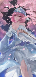 Rule 34 | 1girl, absurdres, artist name, bare shoulders, belt, black sky, blue belt, blue hat, blue kimono, blue ribbon, blue sky, branch, breasts, cherry blossoms, closed mouth, collarbone, fingernails, floral print, frills, gradient sky, hair between eyes, hand fan, hand up, hat, highres, holding, holding fan, japanese clothes, kimono, large breasts, long fingernails, long sleeves, looking to the side, mob cap, night, night sky, off shoulder, outdoors, petals, pink eyes, pink hair, ribbon, saigyouji yuyuko, shalink, short hair, sky, smile, standing, touhou, tree, triangular headpiece, wide sleeves
