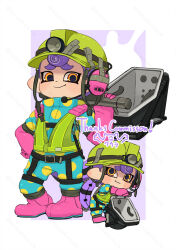 Rule 34 | 1boy, bloblobber (splatoon), boots, border, chibi, chibi inset, closed mouth, commentary request, commission, coula cat, duct tape, hand on own hip, holding, holding weapon, life vest, lifebuoy, male focus, mining helmet, multiple views, nintendo, octoling, octoling boy, octoling player character, outside border, pink footwear, purple background, purple hair, rubber boots, salmon run (splatoon), short hair, smile, splatoon (series), splatoon 3, standing, swim ring, tentacle hair, thank you, vest, weapon, white border, yellow eyes