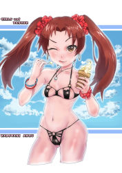 Rule 34 | 1girl, bikini, black bikini, blush, breasts, brown eyes, brown hair, cameltoe, closed mouth, collarbone, female focus, food, girls und panzer, groin, highres, ice cream, jewelry, kadotani anzu, long hair, looking at viewer, navel, necklace, one eye closed, outdoors, shiny skin, sky, small breasts, smile, solo, standing, swimsuit, tongue, tongue out, twintails