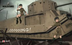 Rule 34 | 2girls, barbed wire, bare tree, beret, blue eyes, boots, copyright name, english text, green eyes, gun, hat, highres, looking at viewer, machine gun, military, military uniform, military vehicle, motor vehicle, multiple girls, official art, official wallpaper, on vehicle, salute, shibafu (glock23), shorts, sitting, smile, tank, tog ii, tree, trench, uniform, wallpaper, wargaming japan, weapon, world of tanks