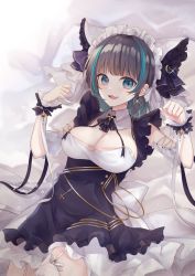 Rule 34 | 1girl, :d, animal ears, apron, aqua eyes, aqua hair, azur lane, back bow, bed sheet, black hair, blunt bangs, blush, bow, breasts, cheshire (azur lane), cleavage, commentary request, cowboy shot, detached collar, detached sleeves, dress, earrings, fang, frilled dress, frilled hairband, frilled headband, frilled ribbon, frills, garter straps, glint, hair intakes, hairband, highres, jewelry, large breasts, long ribbon, looking at viewer, lying, maid, maid headdress, multicolored hair, neck ribbon, on back, open mouth, ougi (u to4410), paw pose, puffy detached sleeves, puffy sleeves, purple apron, purple ribbon, ribbon, sidelocks, skin fang, sleeveless, sleeveless dress, smile, solo, streaked hair, thighhighs, white thighhighs, wrist cuffs, zettai ryouiki