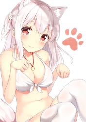 Rule 34 | 1girl, :3, animal ears, bare shoulders, bikini, blush, breasts, cleavage, collarbone, dog ears, dog tail, front-tie bikini top, front-tie top, hair ornament, head tilt, jewelry, karutamo, long hair, looking at viewer, medium breasts, navel, necklace, original, paw pose, paw print, red eyes, side ponytail, simple background, sitting, smile, solo, swimsuit, tail, thighhighs, tisshu (karutamo), white background, white bikini, white hair, white thighhighs