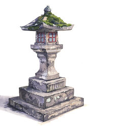 Rule 34 | architecture, bad id, bad pixiv id, gom jabbar, lantern, moss, no humans, original, overgrown, shadow, simple background, stone lantern, watercolor effect, white background
