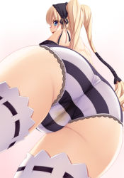 Rule 34 | 1girl, ass, ass focus, blonde hair, blue eyes, blush, cameltoe, cleft of venus, ekaterina kurae, fat mons, fujirin, gothic lolita, huge ass, lolita fashion, long hair, looking back, panties, pee stain, pussy, see-through, seikon no qwaser, solo, stain, striped clothes, striped panties, thighhighs, twintails, uncensored, underwear, white thighhighs