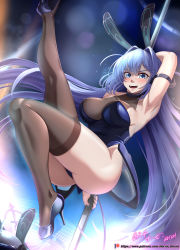 Rule 34 | 1girl, absurdly long hair, animal ears, arm behind head, armpits, artist name, ass, azur lane, black hair, breasts, brown thighhighs, cleavage, fake animal ears, full body, high heels, highres, large breasts, leg up, lens flare, leotard, long hair, looking at viewer, new jersey (azur lane), new jersey (exhilarating steps!) (azur lane), official alternate costume, open mouth, oversized breast cup, patreon username, playboy bunny, pole, pole dancing, presenting armpit, purple eyes, purple footwear, purple leotard, rabbit ears, see-through, see-through cleavage, shoes, solo, stiletto heels, strapless, strapless leotard, stripper pole, thighhighs, very long hair, vilde loh hocen