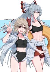 Rule 34 | 2girls, absurdres, alternate hairstyle, bikini, blonde hair, bow, breasts, clothes around waist, collarbone, fang, frilled bikini, frills, fujiwara no mokou, gluteal fold, hair bow, hair ribbon, highres, himadera, hime cut, holding floatie, jacket, long hair, male swimwear, medium hair, midriff, multiple girls, navel, open clothes, open jacket, ponytail, red eyes, red ribbon, ribbon, rumia, shirt, shirt around waist, sidelocks, small breasts, smile, swim trunks, swimsuit, touhou, v, very long hair, white bow, white hair, white jacket, white shirt