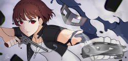 Rule 34 | 1girl, artist name, artist request, black vest, blush, braid, breasts, brown hair, collarbone, collared vest, crown braid, female focus, gloves, gun, handgun, holding, holding gun, holding weapon, horikkita, looking at viewer, mask, niijima makoto, parted lips, persona, persona 5, persona 5 scramble: the phantom strikers, red eyes, shirt, short hair, single glove, small breasts, smile, solo, spiked knuckles, torn clothes, vest, weapon, white gloves, white shirt