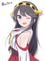 Rule 34 | &gt; o, 10s, 1girl, ;d, bare shoulders, black hair, haku tora, haruna (kancolle), highres, japanese clothes, kantai collection, nontraditional miko, one eye closed, open mouth, shiratora, simple background, smile, solo, twitter username, white background