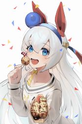 Rule 34 | 1girl, alternate costume, animal ears, bad id, bad pixiv id, blue hairband, bow, casual, commentary request, confetti, daiiichukiii, ear covers, eating, food, hair between eyes, hair ornament, hairband, hands up, highres, holding, holding food, horse ears, horse girl, long hair, long sleeves, off shoulder, open mouth, simple background, solo, sweater, takoyaki, tamamo cross (umamusume), teeth, umamusume, very long hair, white background, white hair, white sweater, yellow bow