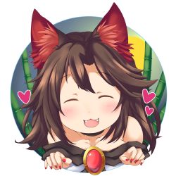 Rule 34 | 1girl, :3, animal ears, bamboo, bamboo forest, blush, brooch, brown hair, closed eyes, fangs, forest, heart, imaizumi kagerou, jewelry, konata gazel, long hair, moon, nail polish, nature, night, red nails, smile, touhou, wolf ears