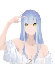 Rule 34 | 1girl, bare shoulders, blue hair, breasts, cleavage, collarbone, facial tattoo, girls&#039; frontline, green eyes, hand up, highres, hk416 (girls&#039; frontline), lips, long hair, looking at viewer, medium breasts, nail polish, neck, open mouth, shirt, smile, solo, tattoo, v, white background, yueyue no hand