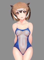 Rule 34 | 10s, 1girl, absurdres, arms behind back, bare arms, bare shoulders, blush, breasts, brown hair, collarbone, cowboy shot, eurasian eagle owl (kemono friends), fishnet swimsuit, grey background, highres, hip focus, kemono friends, looking at viewer, meme attire, multicolored hair, navel, nipples, one-piece swimsuit, open mouth, pussy, pussy peek, revealing clothes, short hair, simple background, small breasts, solo, standing, stomach, swimsuit, thigh gap, white hair, yellow eyes, zhao shixuan
