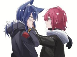 Rule 34 | 2girls, animal ear fluff, animal ears, arknights, black jacket, blue hair, brown jacket, chinese commentary, closed mouth, commentary request, exusiai (arknights), fur-trimmed hood, fur trim, hands on another&#039;s face, hibioes, highres, hood, hooded jacket, jacket, long hair, multiple girls, red eyes, red hair, short hair, texas (arknights), wolf ears