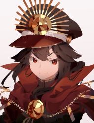 Rule 34 | 1girl, absurdres, black hair, black hat, cape, crest, family crest, fate/grand order, fate (series), gloves, hat, highres, koha-ace, long hair, oda nobunaga (fate), oda nobunaga (koha-ace), peaked cap, portrait, red cape, red eyes, same (sendai623), simple background, solo, upper body, white gloves