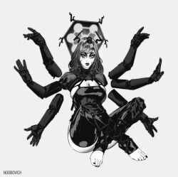 Rule 34 | 1girl, amputee, armless amputee, artist name, ass, black lips, black nails, breasts, cleavage, crossed legs, disembodied hand, double amputee, extra arms, eyelashes, feet, full body, grey background, grey eyes, greyscale, hair ornament, highres, horns, ibrahem swaid, inktober, knee pads, knees up, large breasts, lips, looking at viewer, makeup, mechanical arms, mechanical horns, mechanical parts, medium hair, missing limb, monochrome, nail polish, nose, on floor, original, parted lips, raised eyebrows, shibari, simple background, sitting, skull hair ornament, solo, swept bangs, teeth, thighhighs, toeless legwear, toenail polish, toenails, toes, wavy hair