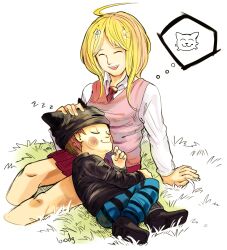 Rule 34 | 1boy, 1girl, ahoge, akamatsu kaede, animal ear headwear, animal ears, artist name, beanie, black footwear, black headwear, black jacket, black sleeves, blonde hair, blue pants, blush stickers, brown hair, cat, cat ears, closed eyes, closed mouth, collared jacket, collared shirt, commentary, cropped legs, danganronpa (series), danganronpa v3: killing harmony, english commentary, fake animal ears, fortissimo, full body, grass, hair ornament, hand on another&#039;s head, hat, height difference, highres, hoshi ryoma, jacket, knees, lap pillow, leather, leather jacket, loiodg, long hair, long sleeves, lying, miniskirt, musical note, musical note hair ornament, necktie, on side, open mouth, pants, pink vest, pleated skirt, prison clothes, red necktie, red skirt, shirt, shoes, short hair, single ankle cuff, skirt, sleeping, smile, spoken animal, striped clothes, striped pants, teeth, thought bubble, upper teeth only, vest, white background, white shirt, white sleeves, zzz