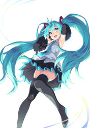 Rule 34 | 1girl, absurdres, ahoge, armpits, bare shoulders, black footwear, black skirt, black thighhighs, blue hair, blue necktie, blush, boots, collared shirt, green eyes, grey shirt, hands up, hatsune miku, headphones, highres, hinoki yuu, long hair, necktie, open mouth, pleated skirt, shirt, simple background, skirt, sleeveless, sleeveless shirt, solo, teeth, thigh boots, thighhighs, tie clip, twintails, upper teeth only, very long hair, vocaloid, white background