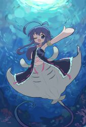 Rule 34 | 1girl, ;d, absurdres, animal, armpits, bare shoulders, black dress, blue eyes, blue hair, commission, coral, criss-cross halter, day, dress, fish, hair between eyes, halterneck, hand up, highres, iruka (tama), kibisake, long hair, manta ray girl, monster girl, navel, one eye closed, open mouth, original, outdoors, outstretched arm, skeb commission, smile, solo, taur, underwater, very long hair, water