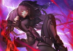 Rule 34 | 1girl, armor, bodysuit, breasts, dual wielding, fate/grand order, fate (series), gae bolg (fate), highres, holding, holding polearm, holding weapon, impossible bodysuit, impossible clothes, large breasts, long hair, looking at viewer, pauldrons, polearm, purple background, purple bodysuit, purple hair, red eyes, scathach (fate), shoulder armor, solo, spear, thighs, tollrin-senpai, weapon